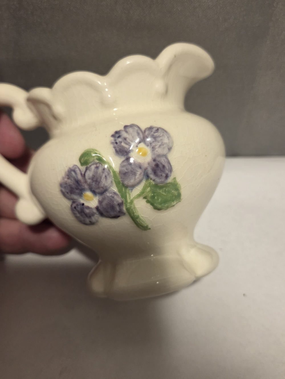Cream Ceramic Pitcher Vase with Hand-Painted Purple Flowers